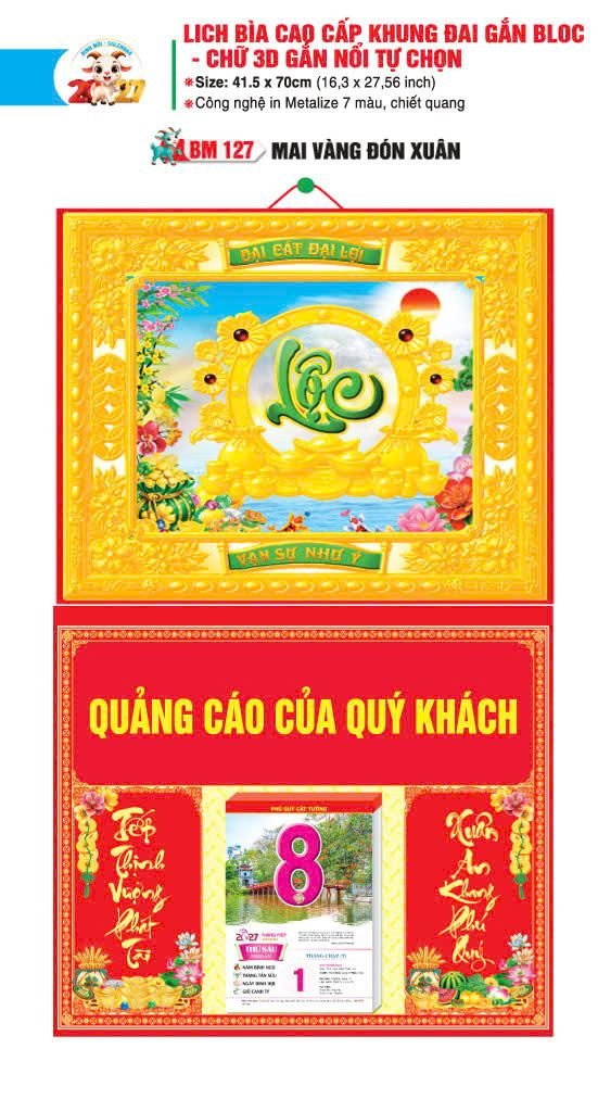 Bìa Lịch Treo Khung Đại Gắn Bloc BM 2027 BM127 - Mai Vàng Đón Xuân - Tổng Kho Quà Tặng 999